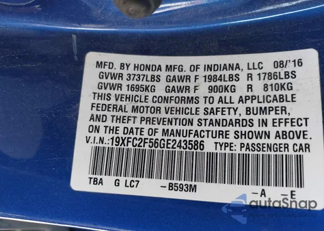2016 Honda Civic Lx from USA, damaged, VIN 19XFC2F56GE243586
